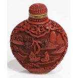 A carved Chinese cinnabar lacquer snuff bottle