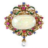 Opal, multi-stone, enamel and 18k yellow gold brooch