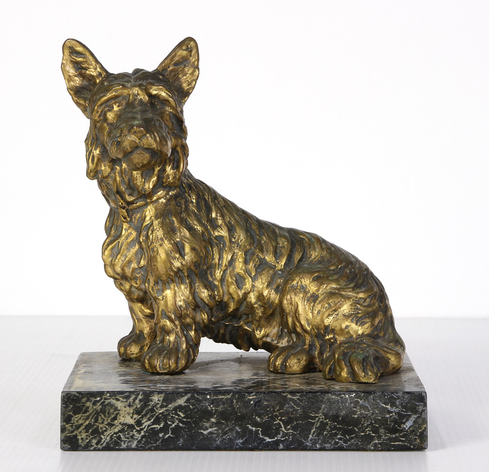 Patinated metal figural sculpture of a terrier