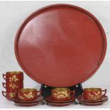 Japanese Vermilion Lacquer Tray, Six Cups and Saucers
