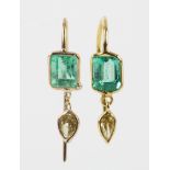 Pair of emerald, diamond, 14k yellow gold earrings