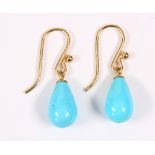 Pair of turquoise, 14k yellow gold earrings