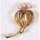 Cultured pearl, sapphire, 14k yellow gold flower brooch