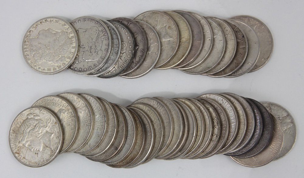 (lot of 40) Silver dollars made up of (36) Peace dollars and (4) Morgans dates