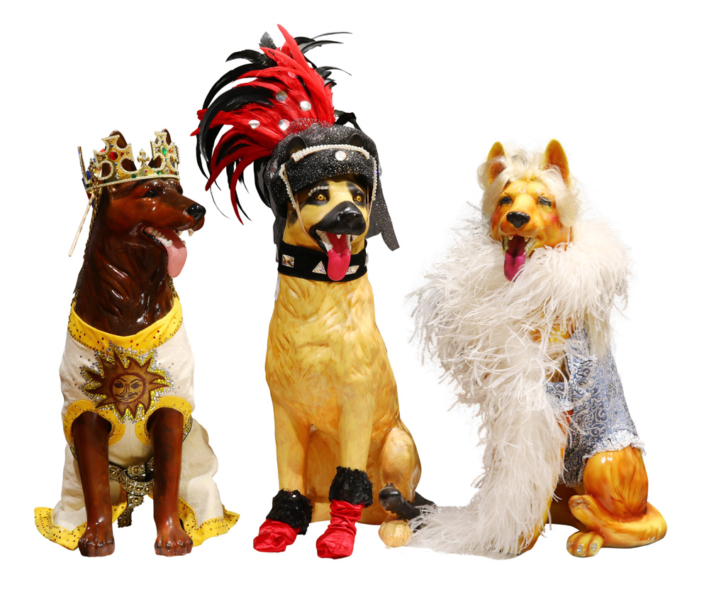 (lot of 3) Polychrome decorated fiberglass dogs