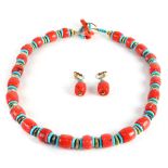 Dyed coral, turquoise, imitation turquoise, silver gilt and metal bead jewelry suite