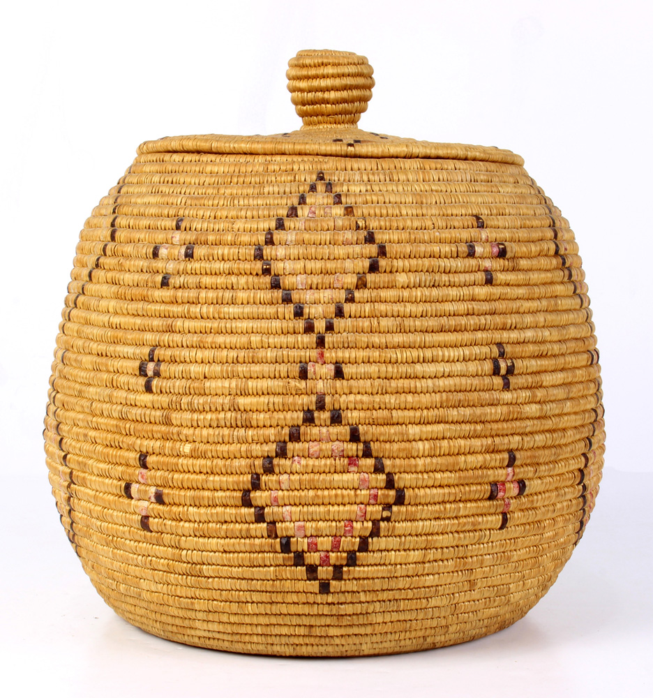 Alaskan Yupik grass woven coiled storage basket, 20th Century