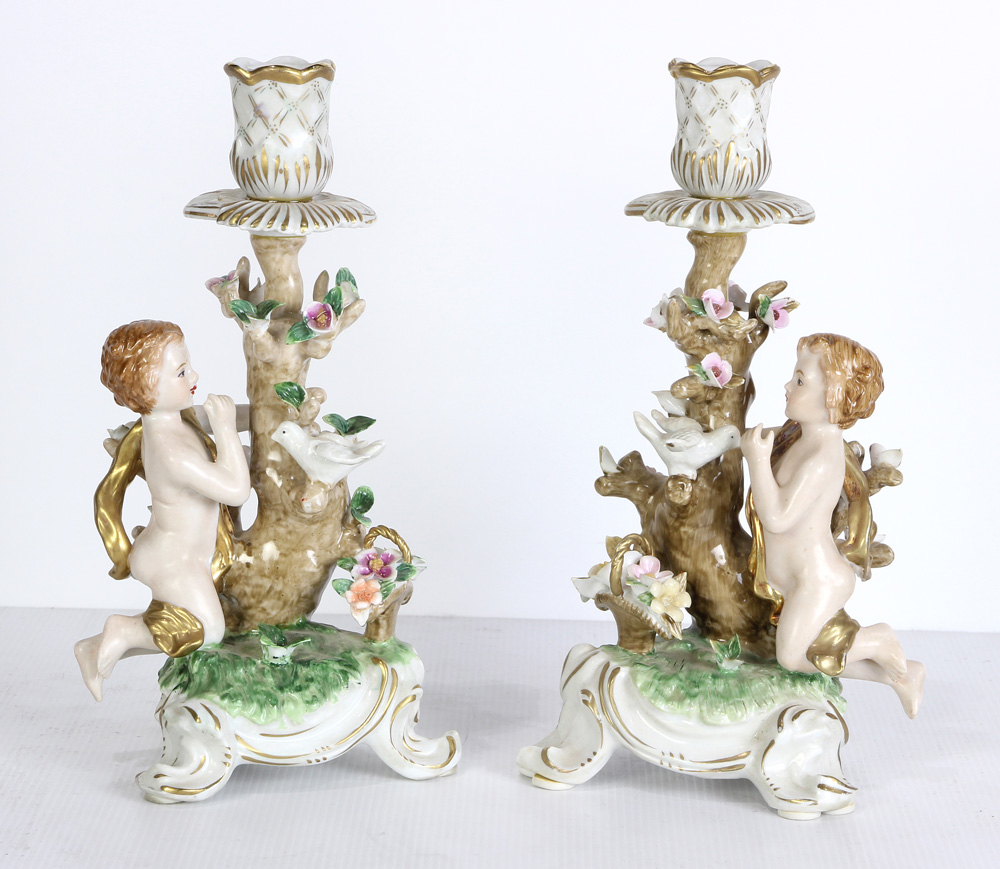 (lot of 2) Meissen style porcelain figural candlesticks