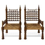 Pair of Moorish brass inlaid armchairs