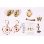 (Lot of 8) Cultured pearl, diamond, synthetic corundum, gold jewelry
