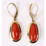 Pair of coral, 14k yellow gold earrings
