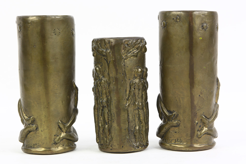 (lot of 3) Pal Kepenyes patinated bronze cylindrical vessels - Image 2 of 5