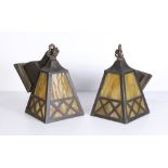 (lot of 2) Arts & Crafts style metal and caramel slag glass pendant light fixtures