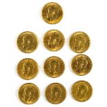 (lot of 10) 1911 Great Britain George V Sovereign gold coins, .2355 oz each