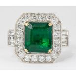 Emerald, diamond, 18k white gold ring