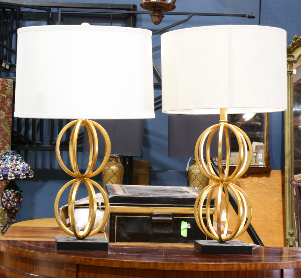 A contemporary pair of lamps, each having gilt double spherical bases, 28"h