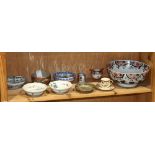 One shelf of Japanese ceramics, Kutani, Satsuma