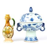 (Lot of 2) Chinese Tang-style Sancai Ewer and blue and white footed bowl