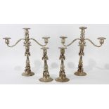 4 Suite Continental Rococo silver three light candelabra and matching candlesticks