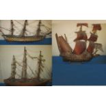 3 Vintage hand built model sailing ships to include the Arc Royal