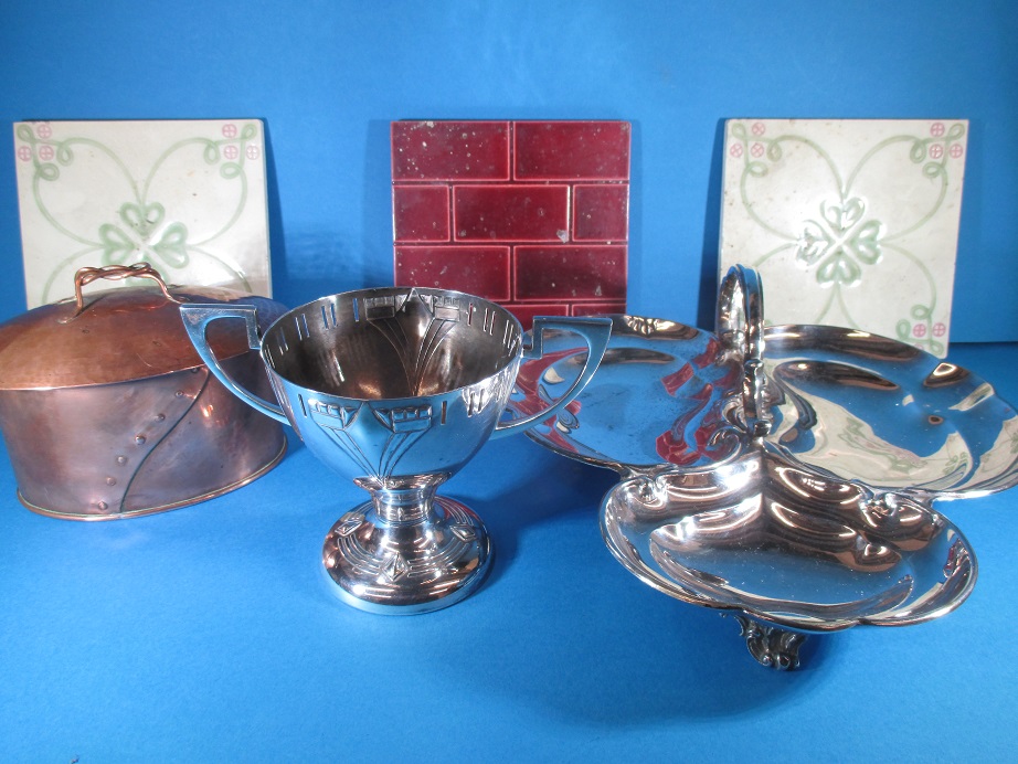 A small parcel of early 20th century art nouveau items to include a WMF chalice and a copper tea