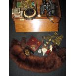 A quantity of mixed items to include a fox stole, a sewing work box and brass figures