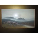 stylised landscape watercolour of a mist covered moor, signed Frank Holmes