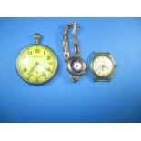 A British forces Jaeger LeCoultre pocket watch, a 9ct gold cased wristwatch and one other