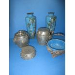 Two vintage pewter Sake warmers, 2 cloisonné vases and a bowl