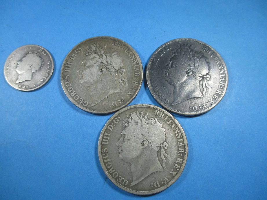 3, George IIII silver crowns and a silver shilling