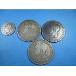 3, George IIII silver crowns and a silver shilling