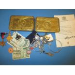 2 WWI Queen Mary Christmas tins with contents to include medals