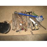 A quantity of vintage tools to include an early Land Rover spare wheel petrol tank