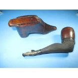 A late 18th century snuff shoe and a briar 'leg' pipe