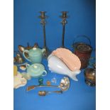 A quantity of interesting collectables to include a pair of plated art nouveau style candlesticks