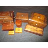 A 19th century inlaid sewing box with contents and other boxes