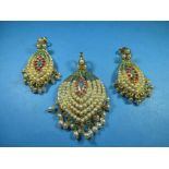 A 22ct gold pendant and earring set, mounted with pearls and gem stones, approx