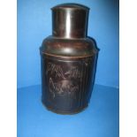 An oriental bronzed pewter tea canister, marked to base