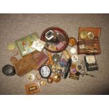 A quantity of interesting curios to include Tunbridge ware, silver items and sew