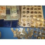 A quantity of vintage coins and bank notes, to include silver examples