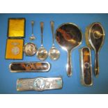 A silver edged dressing table set and other silver items