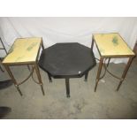 A pair of brass framed lamp tables and another