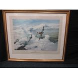A framed Robert Taylor print 'Duel of Eagles' Signed to edge by Douglas Bader and Adolf Galland,