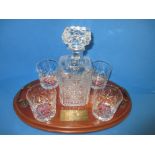 Decanter and 4 glasses on tray with presentation plaque to Major P H Fowler-Smith