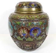 A Japanese bronze cloisonne jar & cover 10in tall