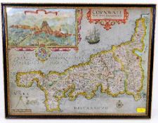 A 17thC. coloured map of Cornwall by William Kip,
