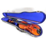 A violin & case inscribed Aubert A. Mirecourt to bridge 23.5in long