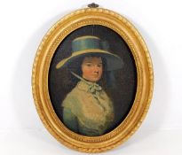 In the style of George Stubbs, a gilt framed 18thC. oil on panel of Mrs. Langley, (Rebecca Langley,