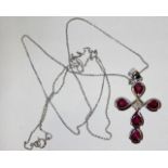 A 9ct white gold chain & cross set with ruby & diamond 5g