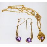 A 9ct gold amethyst earring & necklace set 6.8g